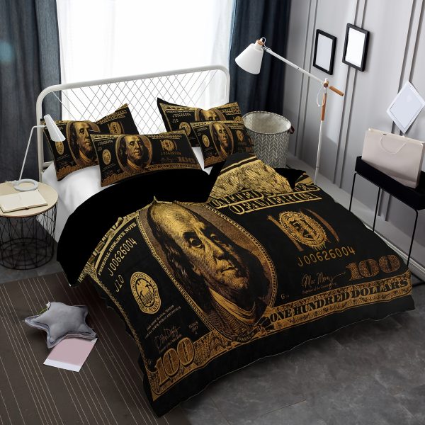 Black Money Print Duvet and Pillow Covers Set - Image 4